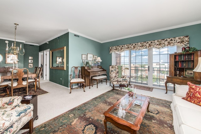 750 Pearson St Unit 904, Des Plaines, IL 60016 - carpeted living area with crown molding and a chandelier