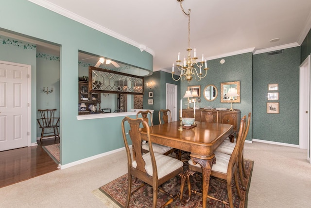 750 Pearson St Unit 904, Des Plaines, IL 60016 - carpeted dining space with crown molding, a chandelier, and a ceiling fan