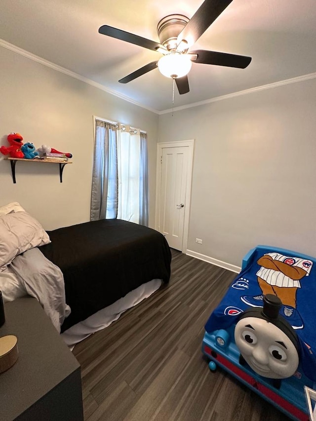 3708 N Oketo Ave, Chicago, IL 60634 - bedroom featuring wood finished floors, crown molding, and ceiling fan