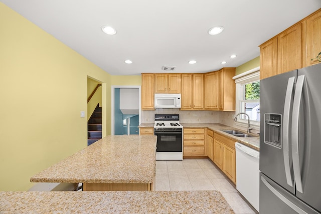 9070 Shady Ln, Hickory Hills, IL 60457 - kitchen with white appliances, recessed lighting, light tile patterned floors, tasteful backsplash, and a kitchen island
