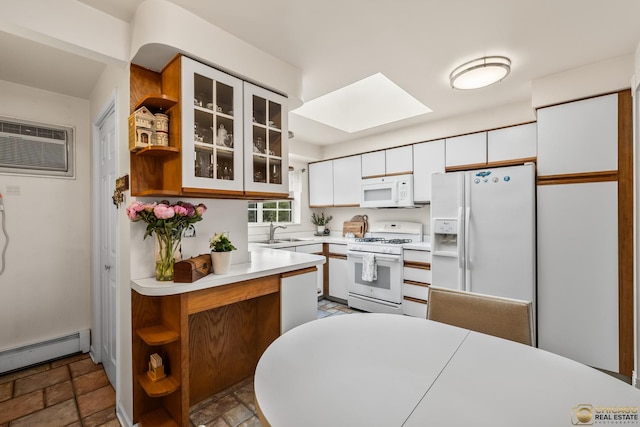 6561 W School Ave Unit 305C, Chicago, IL 60634 - kitchen featuring white appliances, open shelves, a skylight, and an AC wall unit