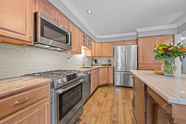 482 River Front Cir, Naperville, IL 60540 - kitchen featuring stainless steel appliances, ornamental molding, light wood finished floors, light stone countertops, and recessed lighting