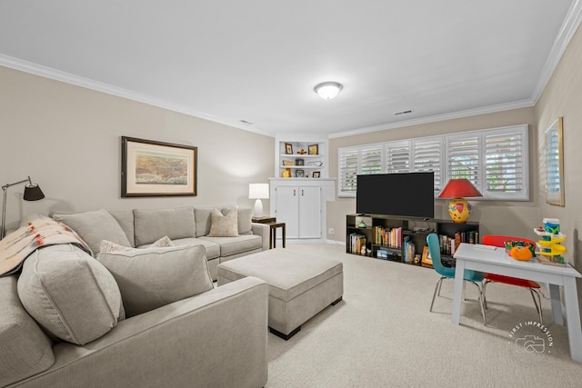 482 River Front Cir, Naperville, IL 60540 - living room featuring carpet, ornamental molding, and built in shelves
