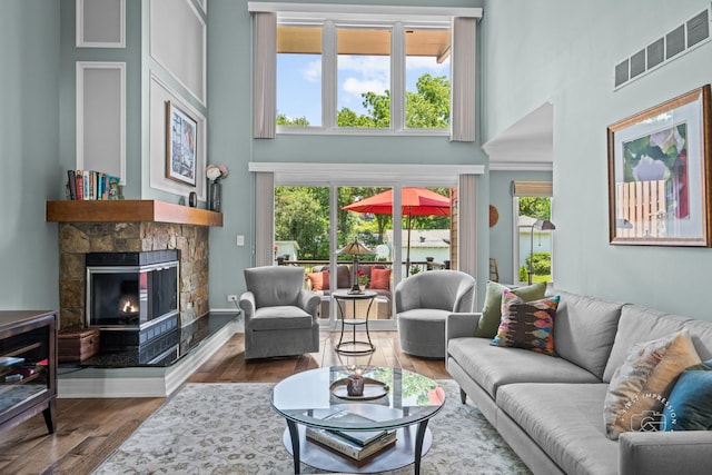 482 River Front Cir, Naperville, IL 60540 - living room featuring a high ceiling, a stone fireplace, wood finished floors, and plenty of natural light