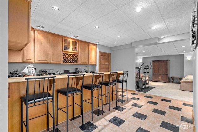 10660 Great Egret Dr, Orland Park, IL 60467 - indoor wet bar with light colored carpet, a paneled ceiling, and recessed lighting