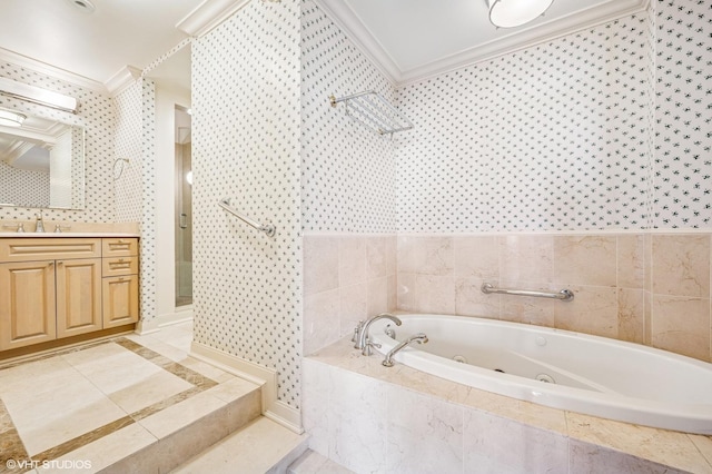 1550 N State Pkwy Unit 801, Chicago, IL 60610 - bathroom with crown molding, a jetted tub, vanity, and a stall shower