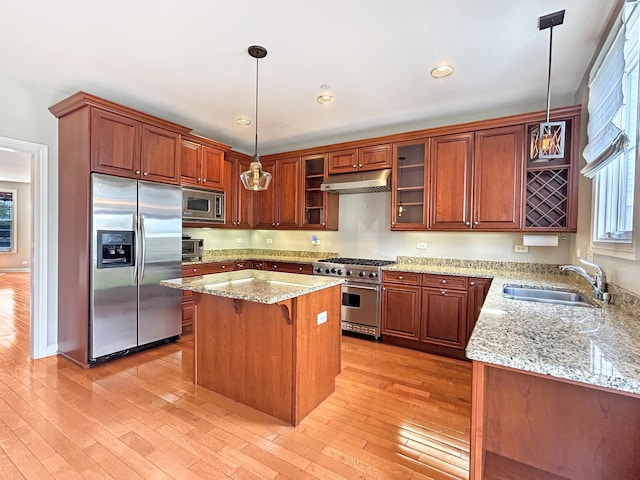 15 Busse Hwy, Park Ridge, IL 60068 - kitchen featuring stainless steel appliances, under cabinet range hood, light wood-style floors, glass insert cabinets, and recessed lighting