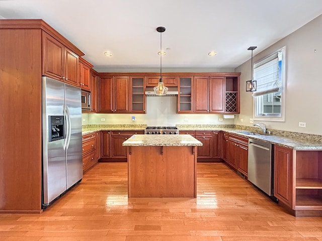 15 Busse Hwy, Park Ridge, IL 60068 - kitchen featuring appliances with stainless steel finishes, open shelves, a center island, glass insert cabinets, and ventilation hood