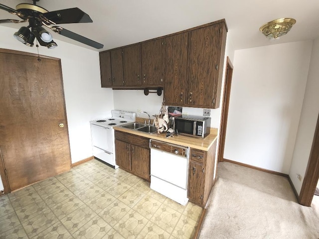 17227 70th Ave, Tinley Park, IL 60477 - kitchen with white appliances, a ceiling fan, dark brown cabinetry, and light countertops