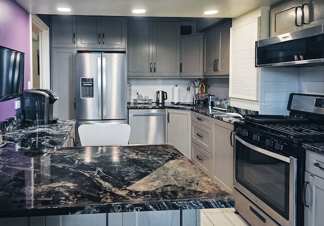 5801 N Sheridan Rd Unit 8A, Chicago, IL 60660 - kitchen featuring stainless steel appliances, decorative backsplash, dark stone countertops, and recessed lighting