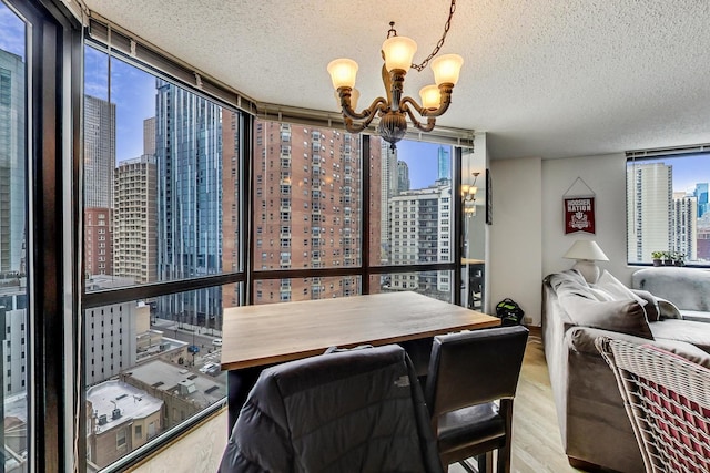 33 W Delaware Pl Unit 13A, Chicago, IL 60610 - dining room with a skyline view, a chandelier, floor to ceiling windows, plenty of natural light, and wood finished floors