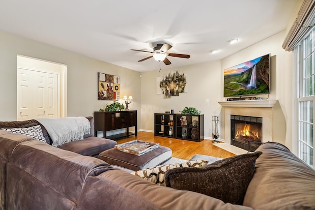2330 Worthing Dr, Naperville, IL 60565 - living room featuring a ceiling fan, wood finished floors, a fireplace with flush hearth, and recessed lighting