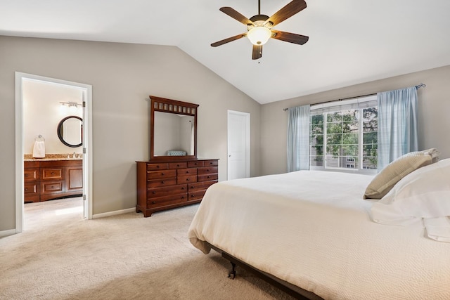 2330 Worthing Dr, Naperville, IL 60565 - bedroom with lofted ceiling, light colored carpet, a ceiling fan, and connected bathroom