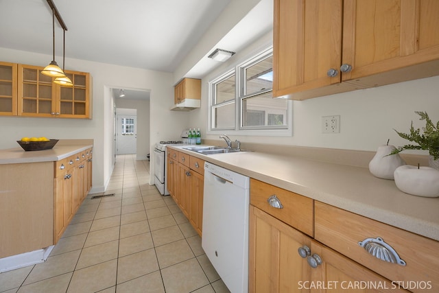 532 E Hawthorne Blvd, Wheaton, IL 60187 - kitchen featuring white appliances, light tile patterned flooring, glass insert cabinets, light countertops, and decorative light fixtures