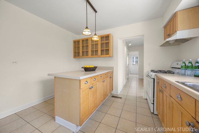 532 E Hawthorne Blvd, Wheaton, IL 60187 - kitchen featuring white gas range oven, under cabinet range hood, light tile patterned flooring, and glass insert cabinets