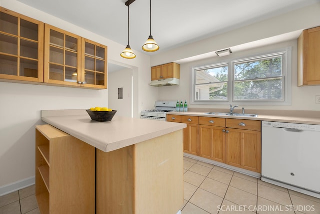 532 E Hawthorne Blvd, Wheaton, IL 60187 - kitchen featuring white appliances, under cabinet range hood, light tile patterned floors, glass insert cabinets, and light countertops