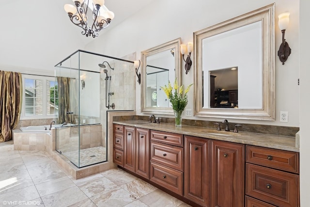 8S241 Dunham Dr, Naperville, IL 60540 - bathroom featuring double vanity, a shower stall, a bath, and a chandelier