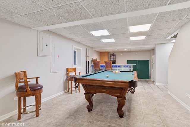 8S241 Dunham Dr, Naperville, IL 60540 - playroom with a paneled ceiling, light tile patterned floors, electric panel, and billiards table