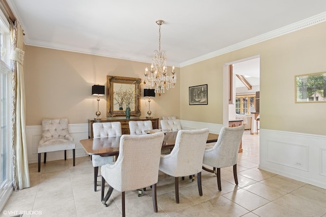 8S241 Dunham Dr, Naperville, IL 60540 - dining room with a chandelier, a wainscoted wall, ornamental molding, light tile patterned floors, and a decorative wall