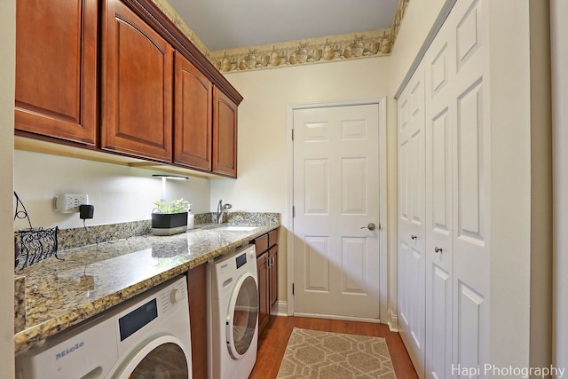 4 Shadow Creek Ct, Lake In The Hills, IL 60156 - laundry room featuring cabinet space, dark wood-style flooring, and washer and dryer