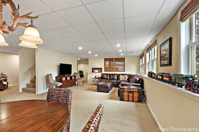 4 Shadow Creek Ct, Lake In The Hills, IL 60156 - carpeted living area featuring stairway, a paneled ceiling, and recessed lighting