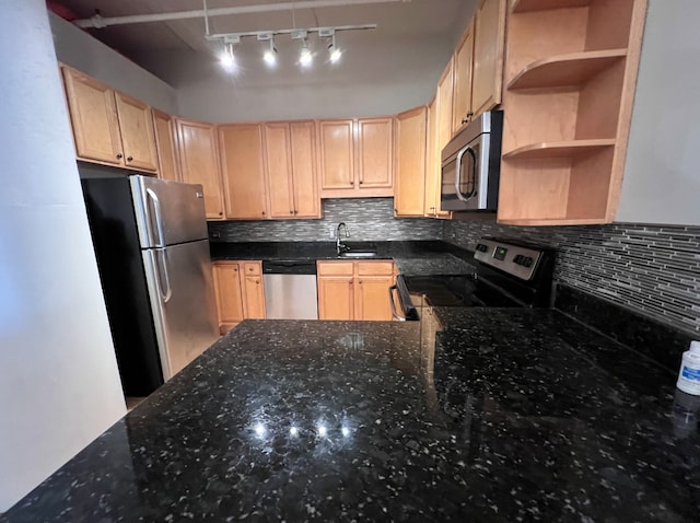 801 S Wells St Unit 303, Chicago, IL 60607 - kitchen with stainless steel appliances, light brown cabinetry, open shelves, backsplash, and dark stone counters
