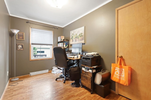 3414 Franklin St, Highland, IN 46322 - office area featuring ornamental molding, wood finished floors, and a baseboard radiator