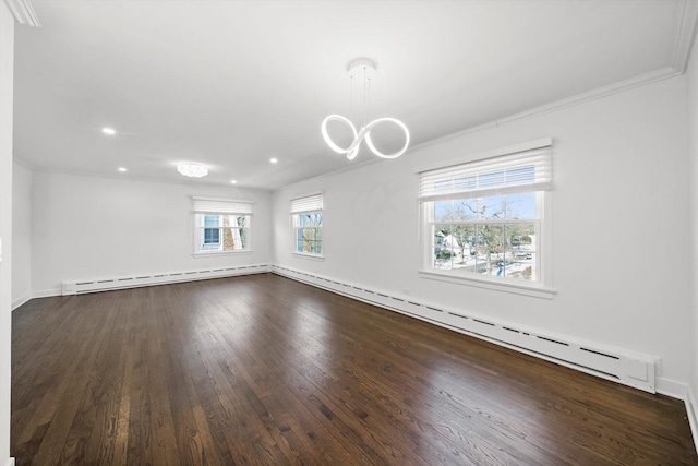 2228 Central St Unit 3, Evanston, IL 60201 - empty room with a baseboard radiator, ornamental molding, dark wood-type flooring, a chandelier, and recessed lighting