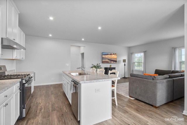3385 Pecos Cir, Montgomery, IL 60538 - kitchen featuring appliances with stainless steel finishes, under cabinet range hood, open floor plan, a breakfast bar area, and white cabinetry