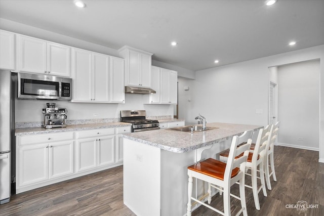 3385 Pecos Cir, Montgomery, IL 60538 - kitchen with stainless steel appliances, under cabinet range hood, dark wood finished floors, an island with sink, and recessed lighting