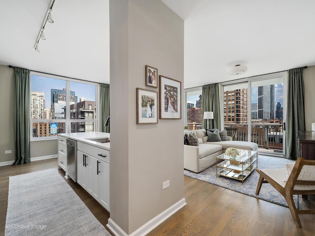 421 W Huron St Unit 1005, Chicago, IL 60654 - living room featuring a view of skyline, track lighting, dark wood-style flooring, and expansive windows