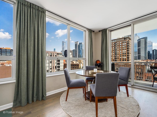 421 W Huron St Unit 1005, Chicago, IL 60654 - dining space featuring a view of skyline, wood finished floors, and expansive windows