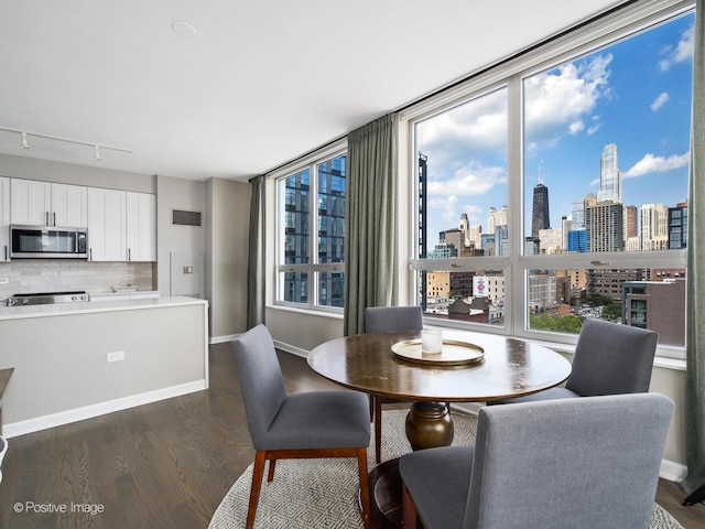 421 W Huron St Unit 1005, Chicago, IL 60654 - dining room with dark wood-style flooring, a view of skyline, healthy amount of natural light, and track lighting