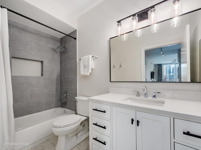 421 W Huron St Unit 1005, Chicago, IL 60654 - bathroom featuring shower / bathtub combination with curtain, vanity, and marble finish flooring