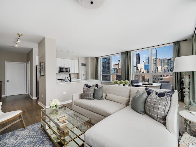 421 W Huron St Unit 1005, Chicago, IL 60654 - living area featuring rail lighting, a skyline view, dark wood-type flooring, and healthy amount of natural light