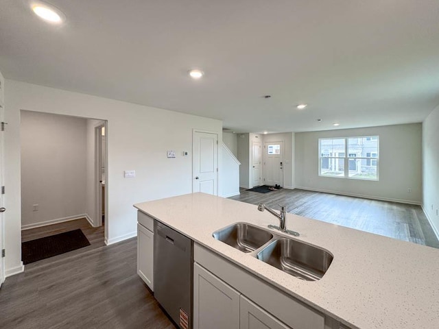 1052 58th Rd Unit 0021, Union Grove, WI 53182 - kitchen featuring dishwasher, dark wood finished floors, recessed lighting, open floor plan, and light stone counters