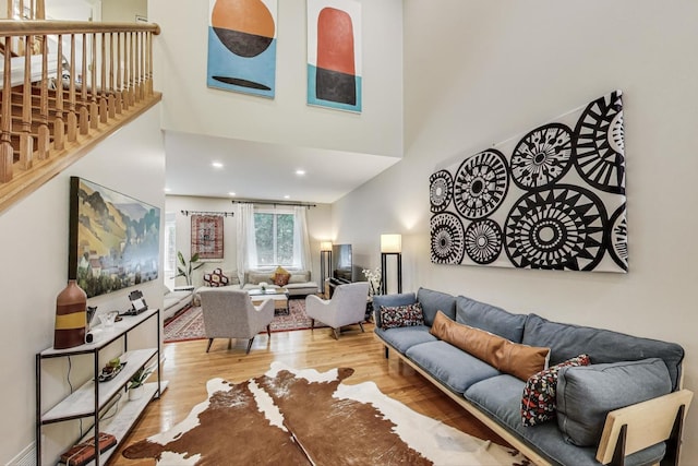 1604 Park Point, Ridge Point, Park Ridge, IL 60068 - living room featuring wood finished floors, stairway, and a towering ceiling