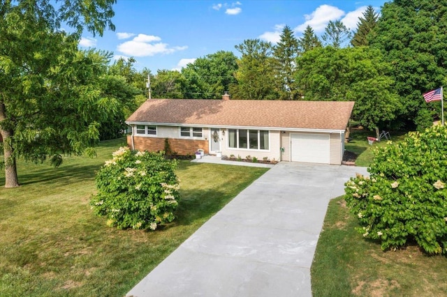 23463 N Meadow Ln, Barrington, IL 60010 - ranch-style house featuring driveway, a front yard, an attached garage, a chimney, and brick siding