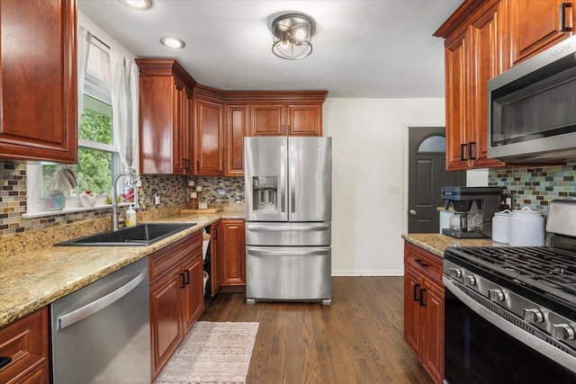 23463 N Meadow Ln, Barrington, IL 60010 - kitchen with stainless steel appliances, backsplash, light stone counters, dark wood-type flooring, and recessed lighting