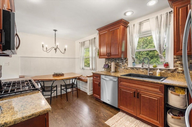 23463 N Meadow Ln, Barrington, IL 60010 - kitchen with stainless steel dishwasher, decorative backsplash, dark wood-style flooring, a chandelier, and recessed lighting