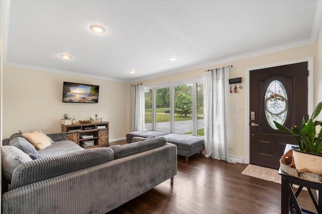 23463 N Meadow Ln, Barrington, IL 60010 - living room featuring crown molding, dark wood-style flooring, and recessed lighting