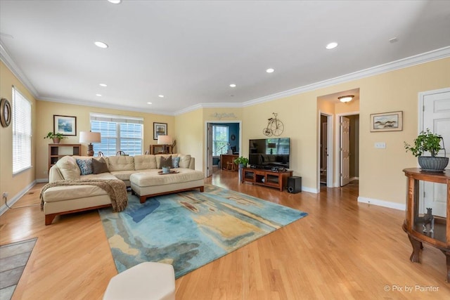 2636 Bainbridge Blvd, West Chicago, IL 60185 - living room featuring light wood-style flooring, crown molding, and recessed lighting