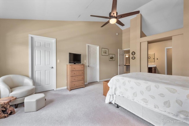 2636 Bainbridge Blvd, West Chicago, IL 60185 - bedroom featuring light carpet, high vaulted ceiling, ensuite bathroom, and a ceiling fan