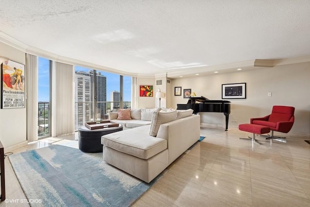 1440 N State Pkwy Unit 21C, Chicago, IL 60610 - tiled living room with a textured ceiling, plenty of natural light, a city view, expansive windows, and crown molding