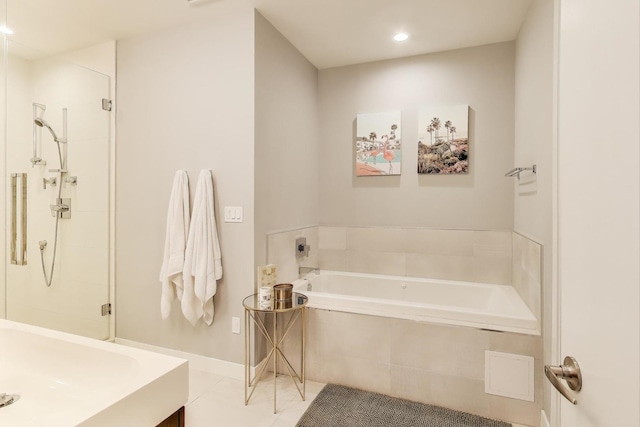 1800 N California Ave Unit 1E, Chicago, IL 60647 - full bathroom with a garden tub, tile patterned floors, recessed lighting, vanity, and a shower