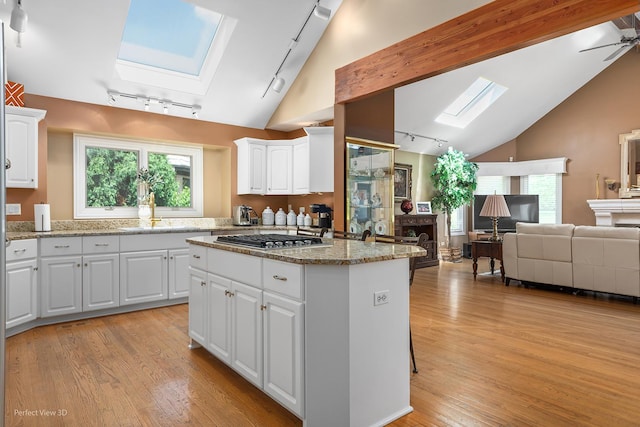 17 Ruffled Feathers Dr, Lemont, IL 60439 - kitchen featuring track lighting, a skylight, lofted ceiling, and open floor plan