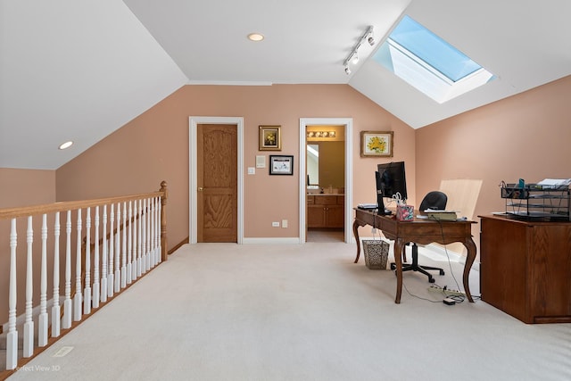 17 Ruffled Feathers Dr, Lemont, IL 60439 - office area featuring vaulted ceiling, a skylight, light colored carpet, and recessed lighting