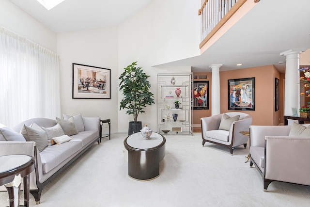 17 Ruffled Feathers Dr, Lemont, IL 60439 - living room with decorative columns, carpet, and a towering ceiling
