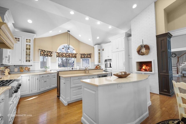 1417 Sherwood Ln, Geneva, IL 60134 - kitchen with a center island, stainless steel appliances, a fireplace, high vaulted ceiling, and light wood-style floors