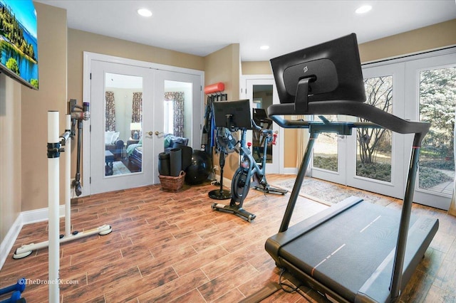 1417 Sherwood Ln, Geneva, IL 60134 - exercise area featuring french doors, wood finished floors, and recessed lighting